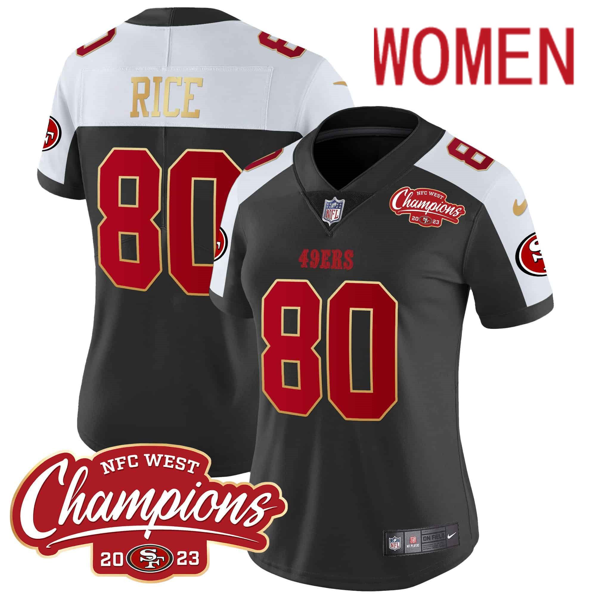 Women San Francisco 49ers 80 Rice Black 2024 Nike NFC West Champions Gold Trim Vapor NFL Jersey